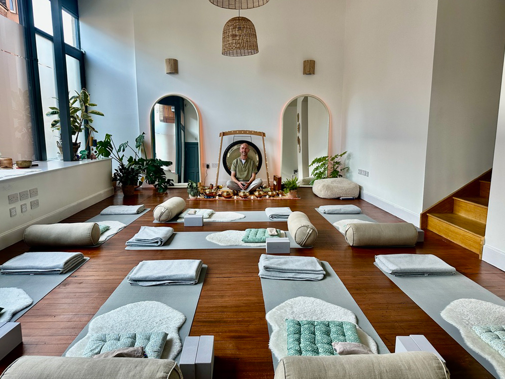 Sound bowls in warm light